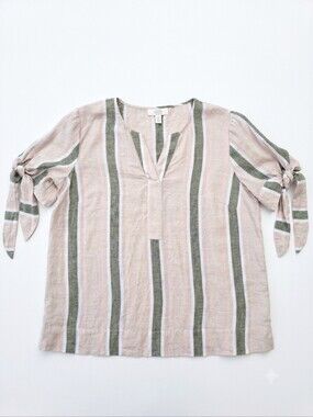 Charter Club Luxury 100% Linen Striped V‑Neck Blouse Top Size M